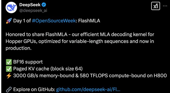 【DeepSeek 开源周首日：开源 FlashMLA，AI 推理速度再进化】北京时间2月24日，DeepSeek宣布启动“开源周”，首个开源的代码库为Flash MLA，这是针对Hopper GPU优化的高效MLA解码内核，针对可变长度序列作了优化，目前已投入生产