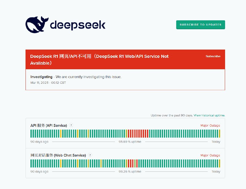 DeepSeek网页显示，正在调查有关DeepSeek R1网络/API服务不可用的问题