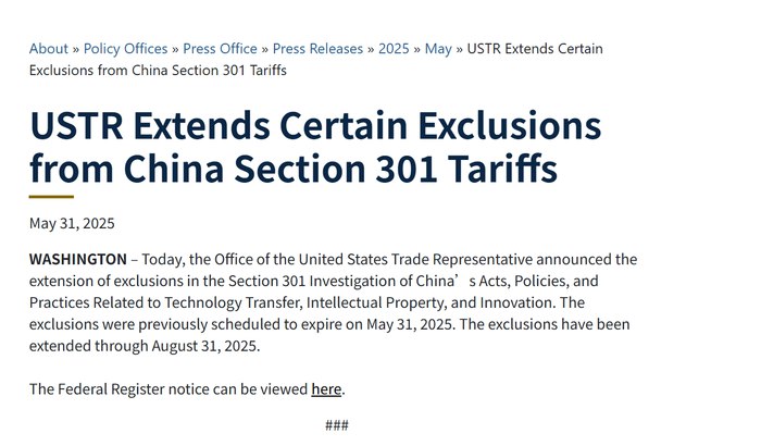 【 #美国 贸易代表办公室延长对中国301条款关税的部分豁免】据界面新闻，美国贸易代表办公室宣布延长对中国在技术转让、知识产权和创新方面的行为、政策及做法的301调查中的豁免期限