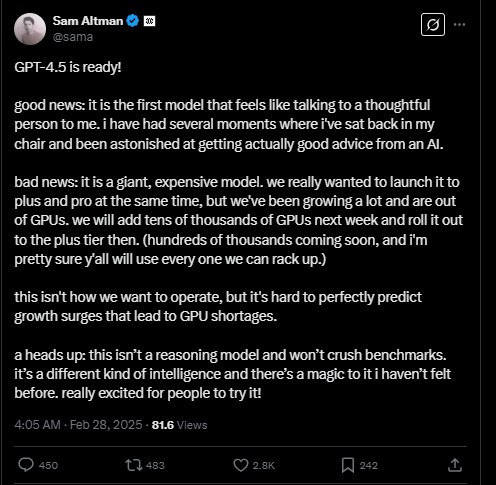 OpenAI的CEO Sam Altman：下周发布GPT 4.5时将增加GPUs