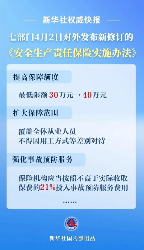 【保障力度再升级！新安责险实施办法发布】应急管理部、财政部、金融监管总局等七部门4月2日对外发布新修订的《安全生产责任保险实施办法》，推动安责险高质量发展