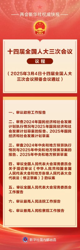 【十四届全国人大三次会议议程定了！】十四届全国人大三次会议4日上午举行预备会议，通过了大会议程