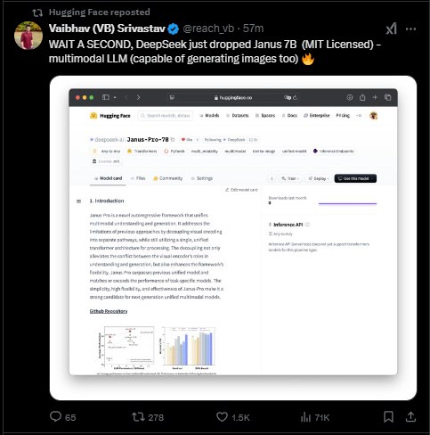 【DeepSeek发布新款开源多模态AI模型Janus-Pro】人工智能社区Hugging Face显示，DeepSeek刚刚发布了开源多模态人工智能（AI）模型Janus-Pro