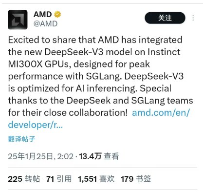 【AMD：已将新的DeepSeek-V3模型集成到Instinct MI300X GPU上】AMD宣布，已将新的DeepSeek-V3模型集成到Instinct MI300X GPU上，该模型旨在与SGLang一起实现最佳性能