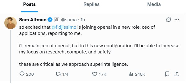 【OpenAI任命Fidji Simo为应用CEO】OpenAI首席执行官奥特曼发文称，Fidji Simo将以「应用CEO」全新身份加入OpenAI，向他本人汇报