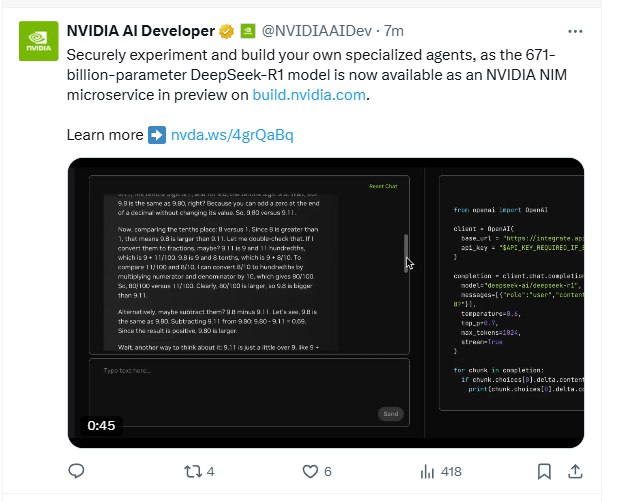 #英伟达 ：DeepSeek-R1模型现已作为英伟达NIM微服务预览版在build.nvidia.com上发布