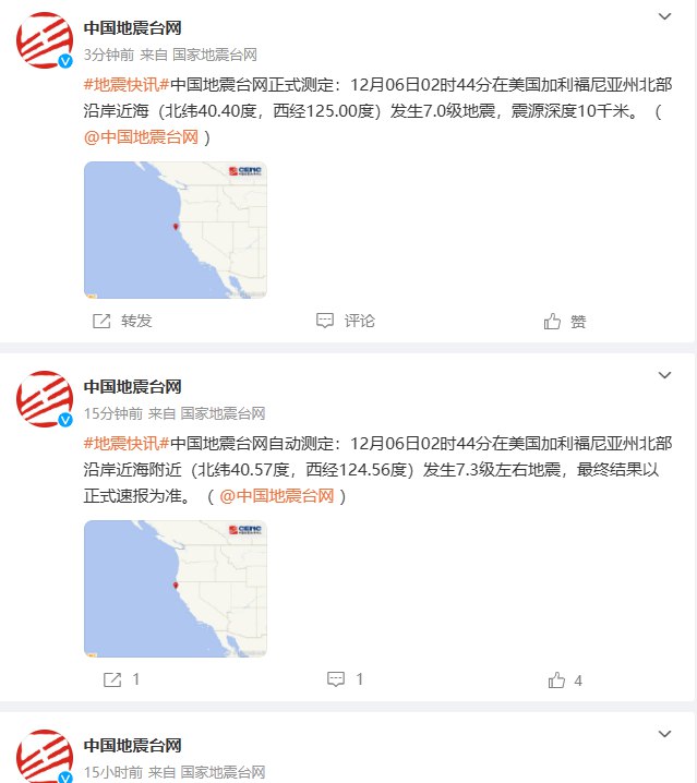 中国地震台网正式测定：12月06日02时44分在 #美国 加利福尼亚州北部沿岸近海（北纬40.40度，西经125.00度）发生7.0级地震，震源深度10千米