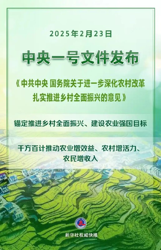 【2025年中央一号文件发布】《中共中央 国务院关于进一步深化农村改革 扎实推进乡村全面振兴的意见》提出，以改革开放和科技创新为动力，巩固和完善农村基本经营制度，深入学习运用“千万工程”经验，确保国家粮食安全，确保不发生规模性返贫致贫，提升乡村产业发展水平、乡村建设水平、乡村治理水平，千方百计推动农业增效益、农村增活力、农民增收入，为推进中国式现代化提供基础支撑